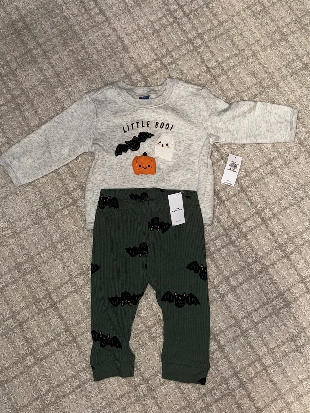 Old Navy Baby Halloween 'Little Boo' Gray Top with Orange Pumpkin and Black Bat